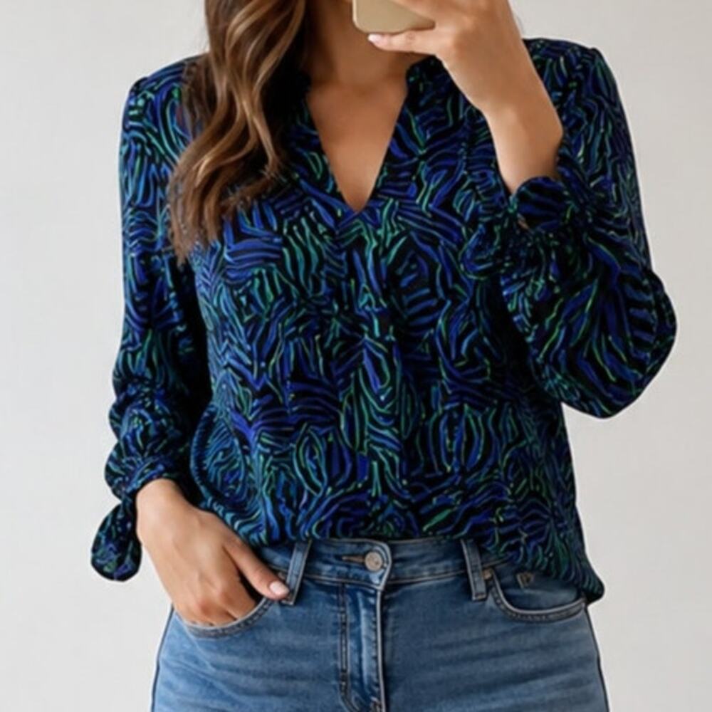 Anne Klein🌿Sheer Zebra Print Blouse Women Medium Blue Green Black NWT Career